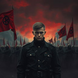 A dark realism scene featuring a young military officer dressed entirely in black, showcasing a cold, determined gaze