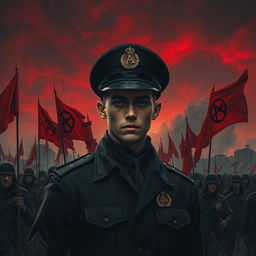 A dark realism scene featuring a young military officer dressed entirely in black, showcasing a cold, determined gaze