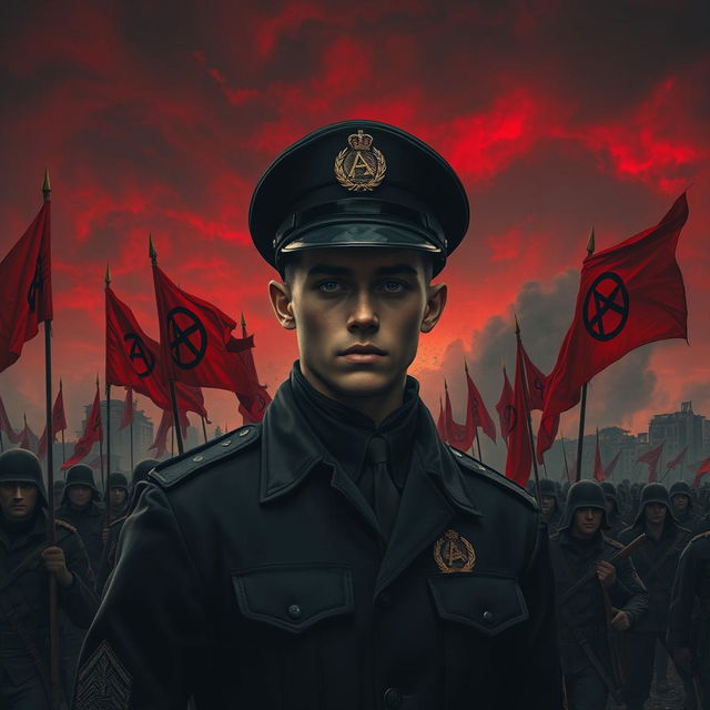 A dark realism scene featuring a young military officer dressed entirely in black, showcasing a cold, determined gaze