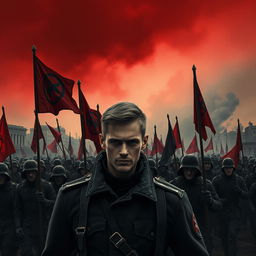 A dark realism scene featuring a young military officer dressed entirely in black, showcasing a cold, determined gaze