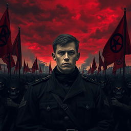 A dark realism scene featuring a young military officer dressed entirely in black, showcasing a cold, determined gaze