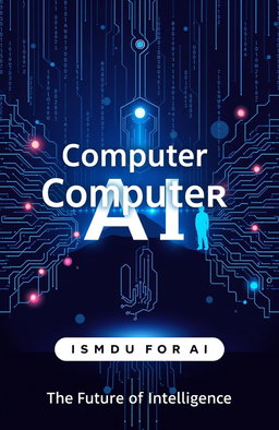 A visually striking cover design for a book titled 'Computer AI: The Future of Intelligence', featuring abstract representations of artificial intelligence, circuitry, and digital landscapes