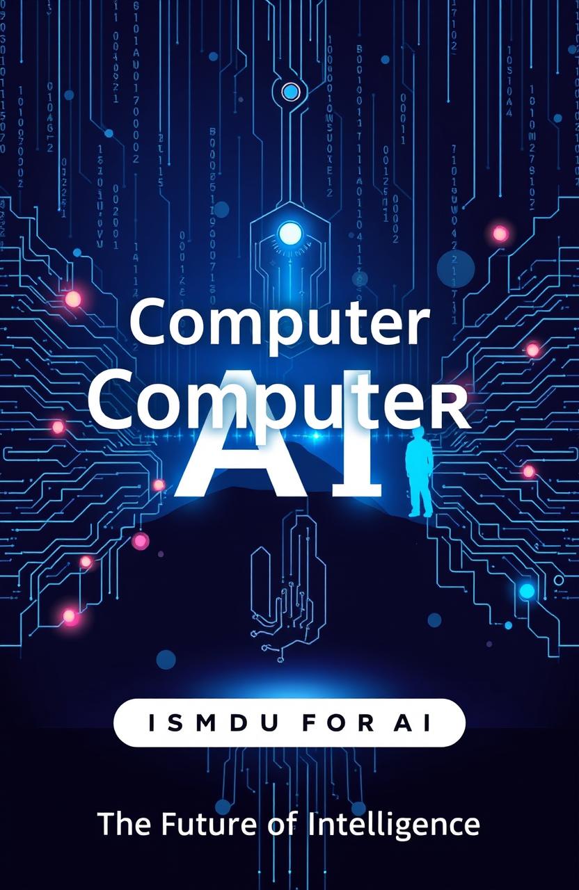 A visually striking cover design for a book titled 'Computer AI: The Future of Intelligence', featuring abstract representations of artificial intelligence, circuitry, and digital landscapes