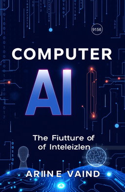 A visually striking cover design for a book titled 'Computer AI: The Future of Intelligence', featuring abstract representations of artificial intelligence, circuitry, and digital landscapes