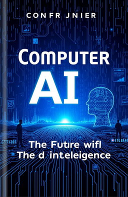 A visually striking cover design for a book titled 'Computer AI: The Future of Intelligence', featuring abstract representations of artificial intelligence, circuitry, and digital landscapes