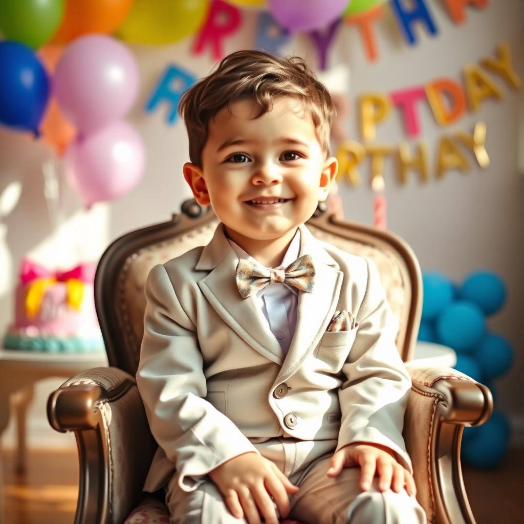 A charming little boy sitting quietly in a decorative chair, wearing a stylish suit and a matching bowtie
