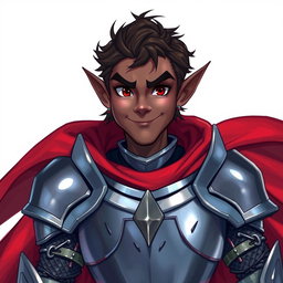 A friendly looking dark-elf knight, clad in gleaming steel armor and adorned with a flowing red cape, is showcased in a vibrant Dungeons and Dragons style illustration