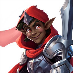 A friendly looking dark-elf knight, clad in gleaming steel armor and adorned with a flowing red cape, is showcased in a vibrant Dungeons and Dragons style illustration