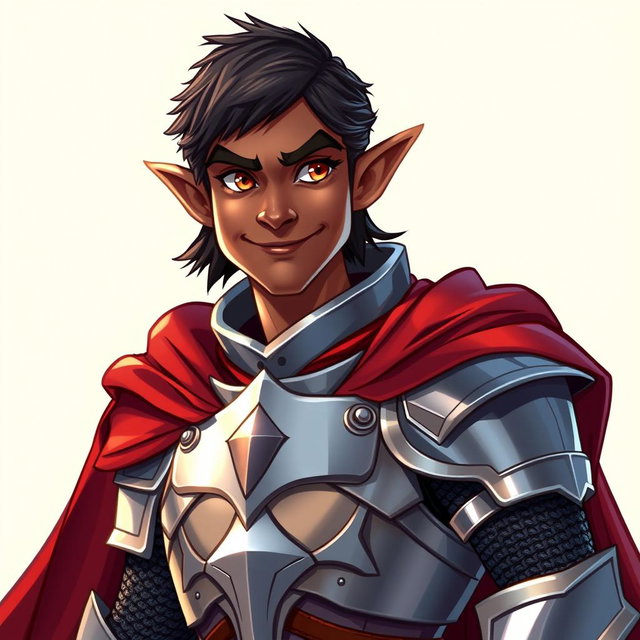 A friendly looking dark-elf knight, clad in gleaming steel armor and adorned with a flowing red cape, is showcased in a vibrant Dungeons and Dragons style illustration