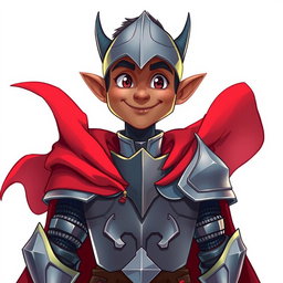A friendly looking dark-elf knight, clad in gleaming steel armor and adorned with a flowing red cape, is showcased in a vibrant Dungeons and Dragons style illustration