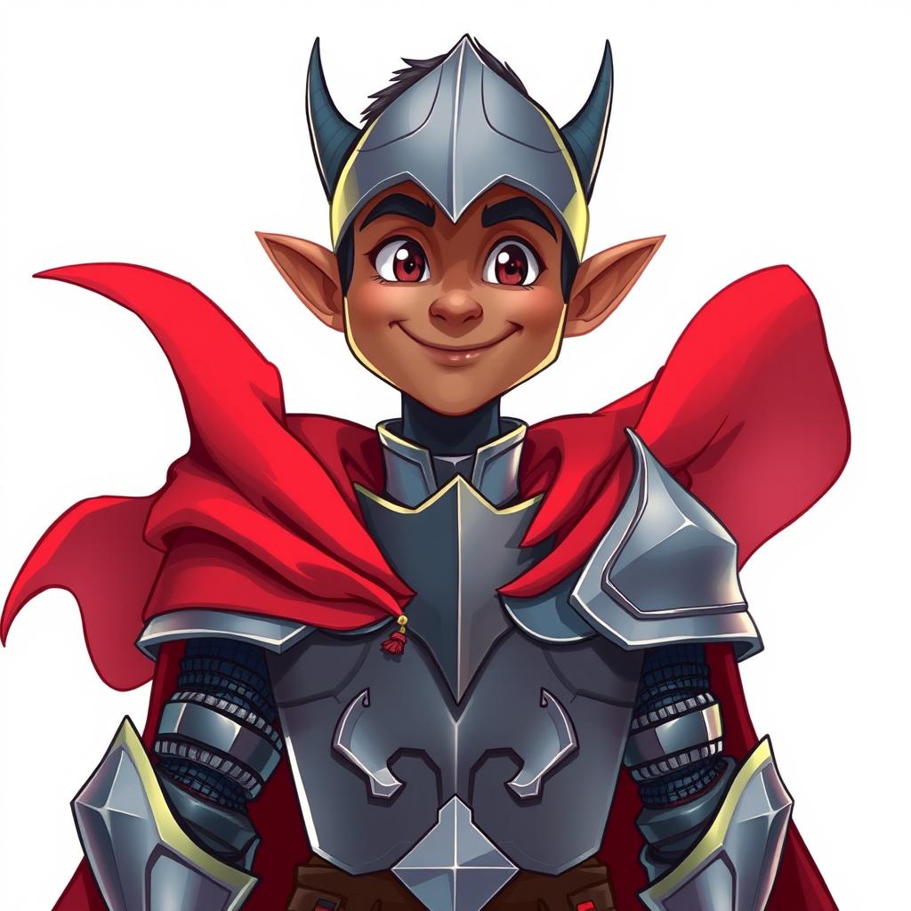 A friendly looking dark-elf knight, clad in gleaming steel armor and adorned with a flowing red cape, is showcased in a vibrant Dungeons and Dragons style illustration