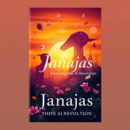 A captivating cover design for a book titled 'Janajas: Unveiling the AI Revolution', featuring a mystical representation of artificial intelligence intertwined with elements of nature