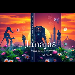A captivating cover design for a book titled 'Janajas: Unveiling the AI Revolution', featuring a mystical representation of artificial intelligence intertwined with elements of nature
