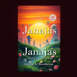 A captivating cover design for a book titled 'Janajas: Unveiling the AI Revolution', featuring a mystical representation of artificial intelligence intertwined with elements of nature