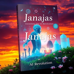 A captivating cover design for a book titled 'Janajas: Unveiling the AI Revolution', featuring a mystical representation of artificial intelligence intertwined with elements of nature