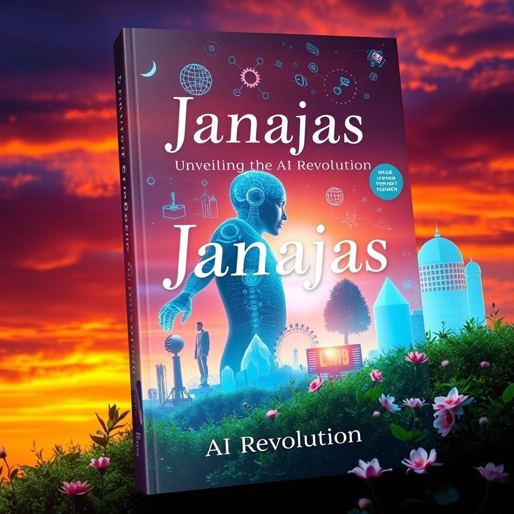 A captivating cover design for a book titled 'Janajas: Unveiling the AI Revolution', featuring a mystical representation of artificial intelligence intertwined with elements of nature