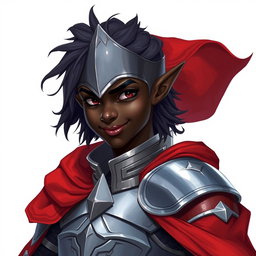 A kind-looking dark-elf knight with rich ebony skin, clad in polished steel armor and a flowing red cape, is presented in a captivating Dungeons and Dragons style illustration