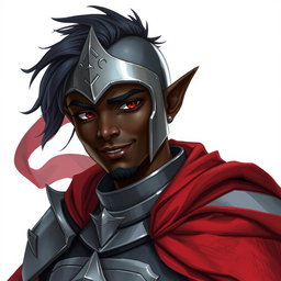 A kind-looking dark-elf knight with rich ebony skin, clad in polished steel armor and a flowing red cape, is presented in a captivating Dungeons and Dragons style illustration
