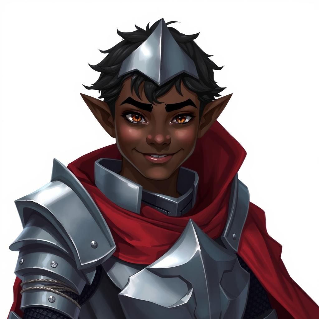 A kind-looking dark-elf knight with rich ebony skin, clad in polished steel armor and a flowing red cape, is presented in a captivating Dungeons and Dragons style illustration