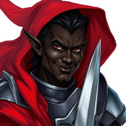 A kind-looking dark-elf knight with rich ebony skin, clad in polished steel armor and a flowing red cape, is presented in a captivating Dungeons and Dragons style illustration