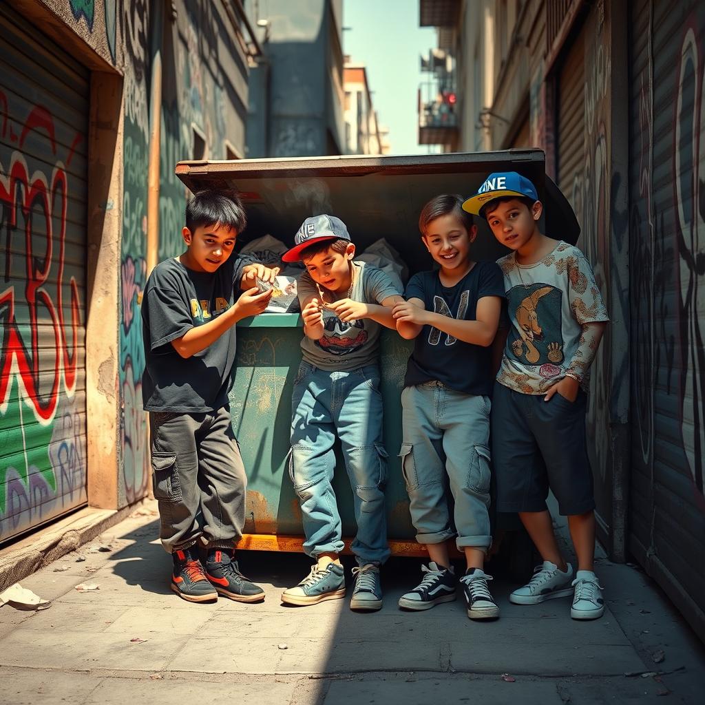 A group of young Spanish boys, dressed in urban street fashion, playfully igniting matches behind a large dumpster in a gritty urban environment
