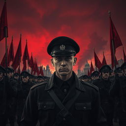 A dark realism scene featuring a young military officer dressed entirely in black, highlighting a cold, determined gaze