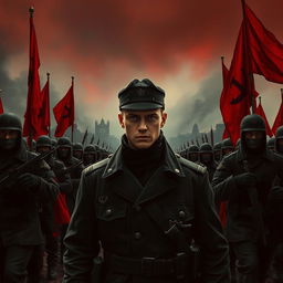 A dark realism scene featuring a young military officer dressed entirely in black, highlighting a cold, determined gaze