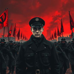 A dark realism scene featuring a young military officer dressed entirely in black, highlighting a cold, determined gaze