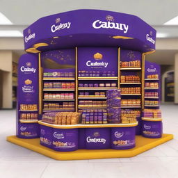 Generate an image of a supermarket Cadbury chocolate stand adorned with Ramadan-inspired motifs, featuring shelves displaying delectable treats, decorated with Islamic-curvy shapes and Ramadan lanterns, illuminated by warm light to create a festive atmosphere.