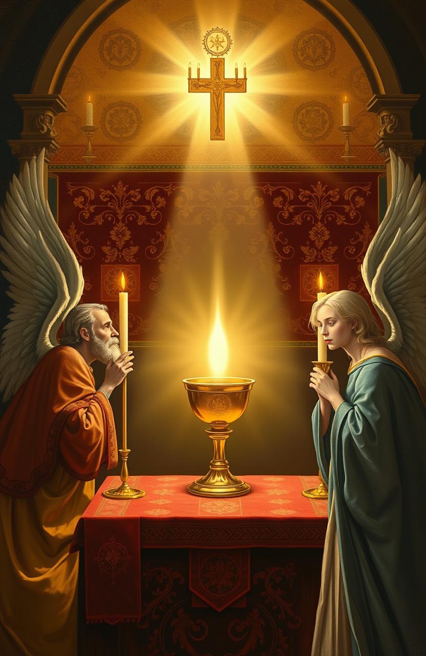 A beautifully detailed Middle Ages painting depicting the Blessed Sacrament, illuminated by soft, divine light