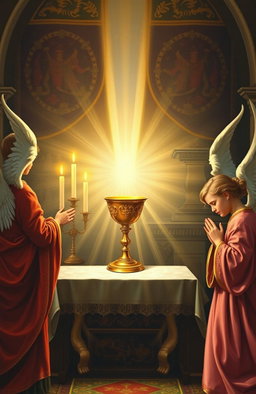 A beautifully detailed Middle Ages painting depicting the Blessed Sacrament, illuminated by soft, divine light