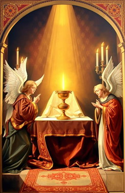 A beautifully detailed Middle Ages painting depicting the Blessed Sacrament, illuminated by soft, divine light