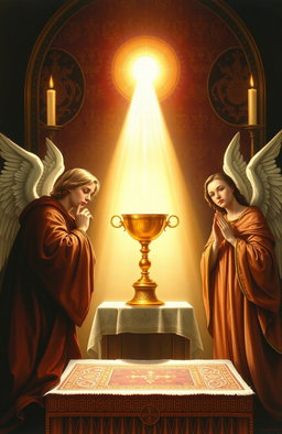 A beautifully detailed Middle Ages painting depicting the Blessed Sacrament, illuminated by soft, divine light