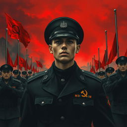 A dark realism scene featuring a young military officer dressed entirely in black, showcasing a cold, determined gaze