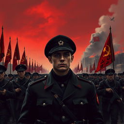 A dark realism scene featuring a young military officer dressed entirely in black, showcasing a cold, determined gaze