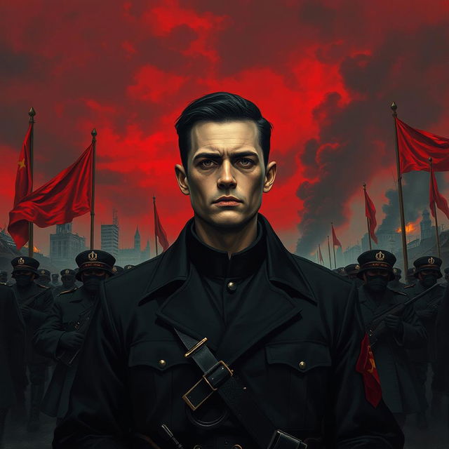 A dark realism scene featuring a young military officer dressed entirely in black, showcasing a cold, determined gaze