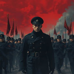 A dark realism scene featuring a young military officer dressed entirely in black, showcasing a cold, determined gaze