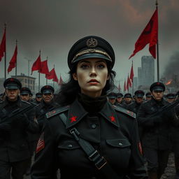 A dark realism scene featuring a female military officer dressed entirely in black, highlighting a cold, determined gaze