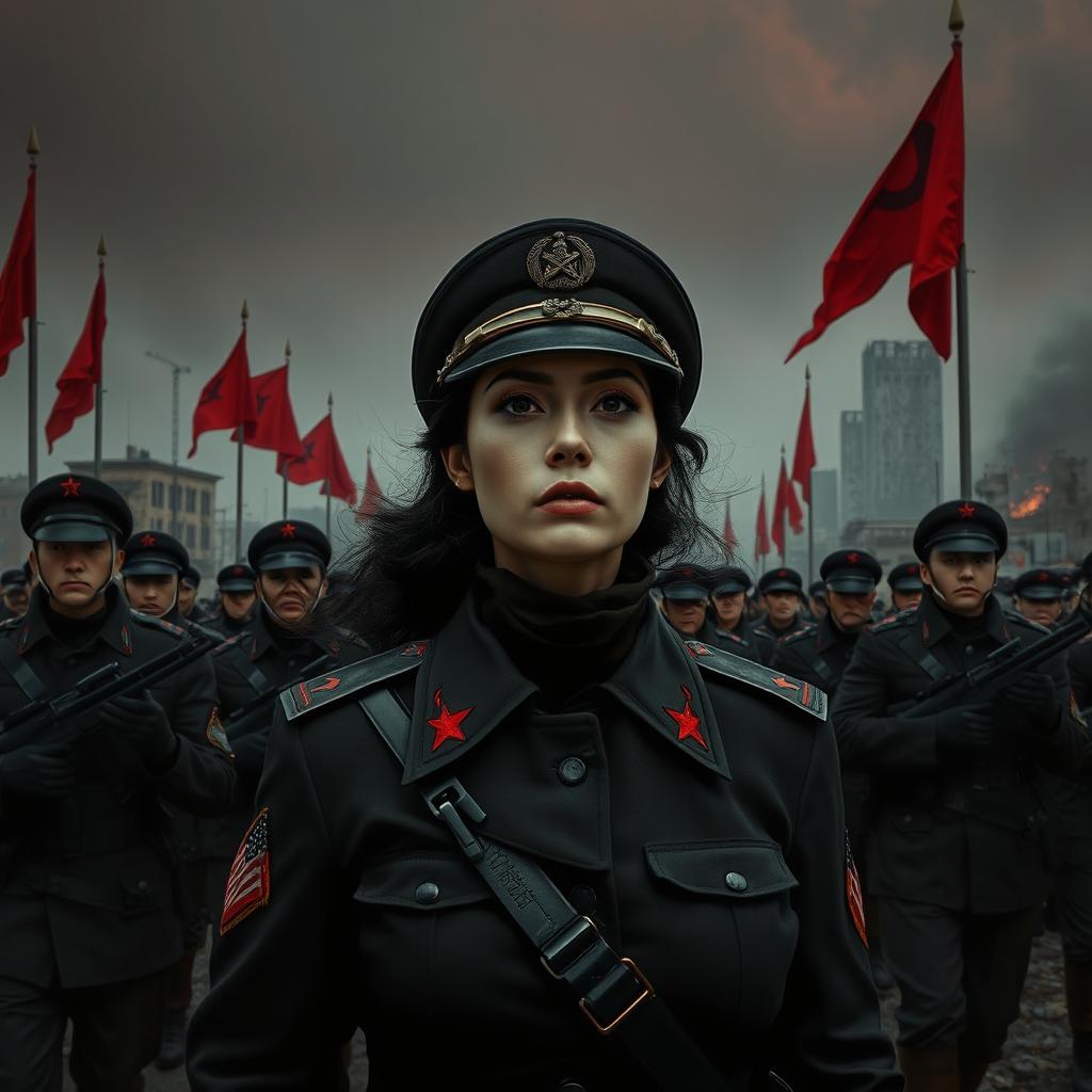 A dark realism scene featuring a female military officer dressed entirely in black, highlighting a cold, determined gaze