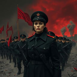 A dark realism scene featuring a female military officer dressed entirely in black, highlighting a cold, determined gaze