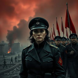 A dark realism scene featuring a female military officer dressed entirely in black, highlighting a cold, determined gaze