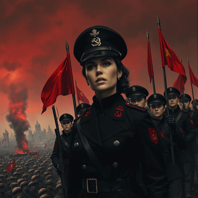 A dark realism scene featuring a female military officer dressed entirely in black, highlighting a cold, determined gaze