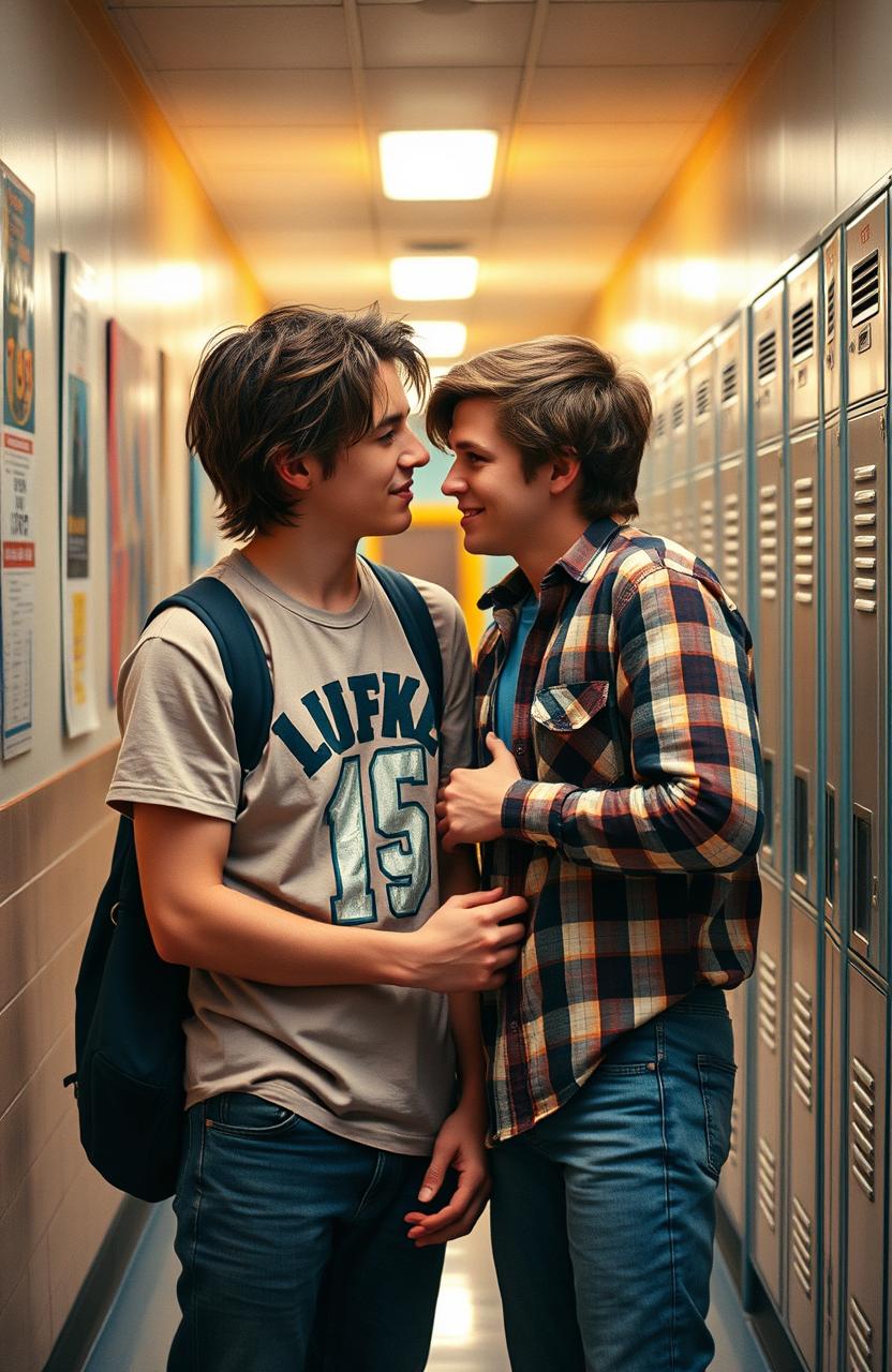 A romantic scene set in 1998, featuring two young high school men in love