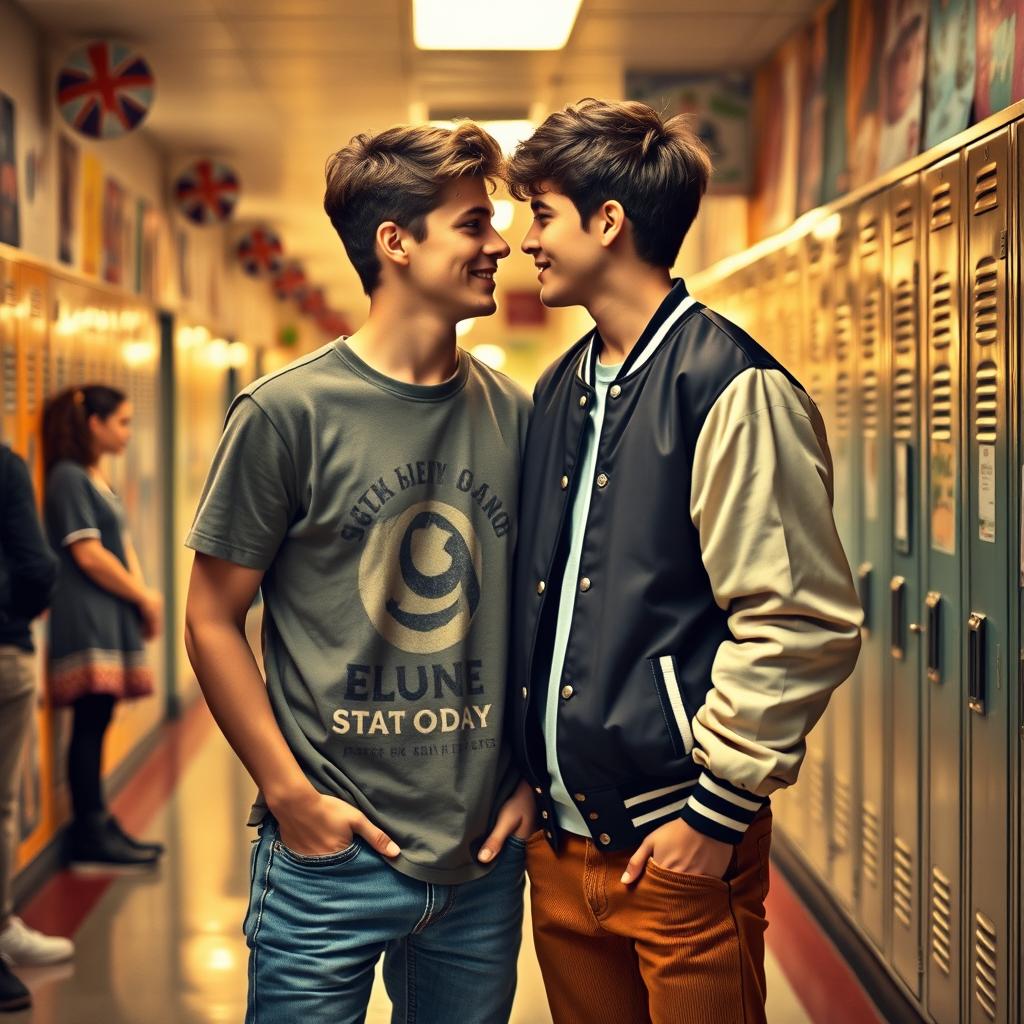A heartfelt scene titled 'Echoes of 1998', depicting two young high school men in love