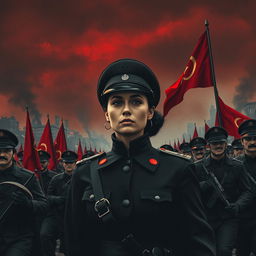 A dark realism scene featuring a female military officer dressed entirely in black, emphasizing her cold, determined gaze