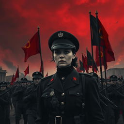 A dark realism scene featuring a female military officer dressed entirely in black, emphasizing her cold, determined gaze
