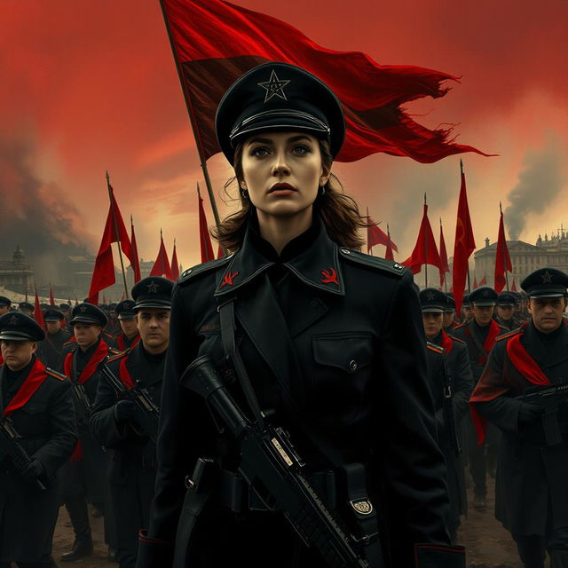 A dark realism scene featuring a female military officer dressed entirely in black, emphasizing her cold, determined gaze