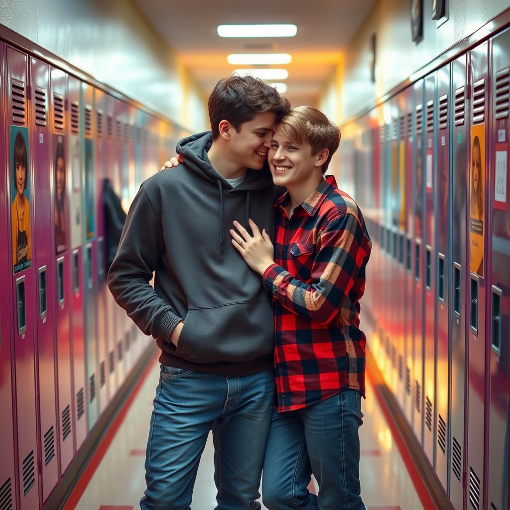 A touching scene titled 'Echoes of 1998', showcasing two high school men in love