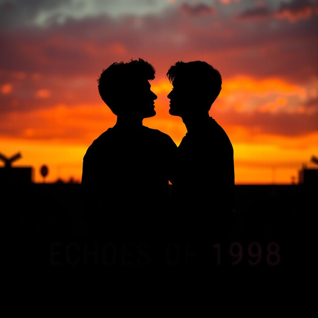 A striking silhouette scene titled 'Echoes of 1998', featuring two high school men in love