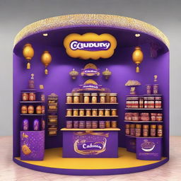 Generate an image of a supermarket Cadbury chocolate stand adorned with Ramadan-inspired motifs, featuring shelves displaying delectable treats, decorated with Islamic-curvy shapes and Ramadan lanterns, illuminated by warm light to create a festive atmosphere.